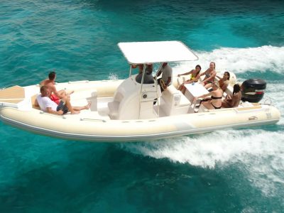 Private speed boat tour cruising between Dolphin Bay, Orange Bay, and Paradise Island