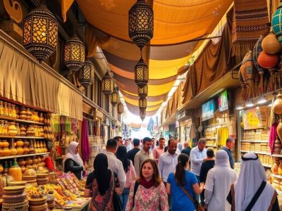 Colorful souvenir stalls and shoppers at Marsa Alam shopping trip